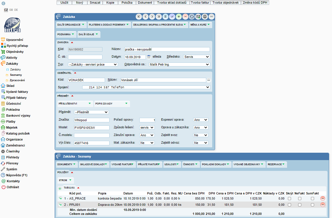 Zakázky - obrazovka WAK INTRA