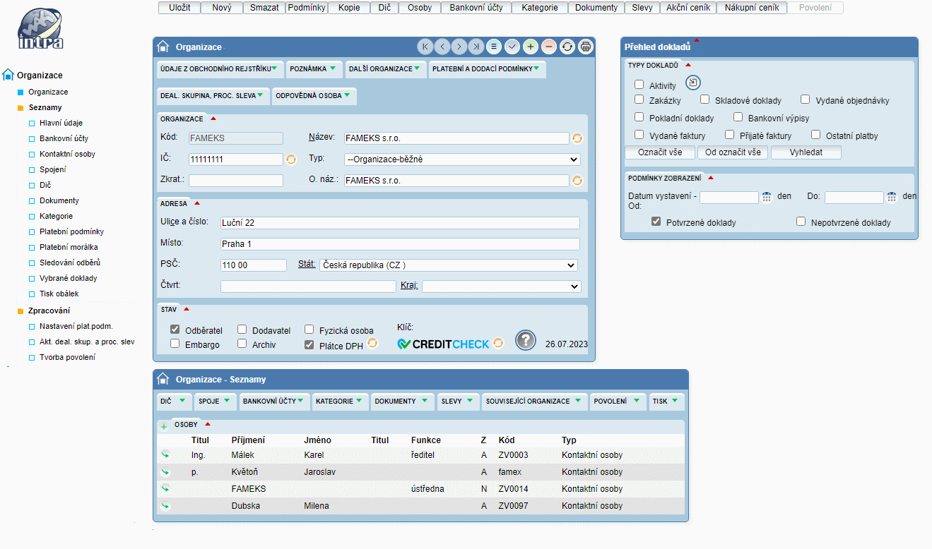 Organizace - obrazovka WAK INTRA