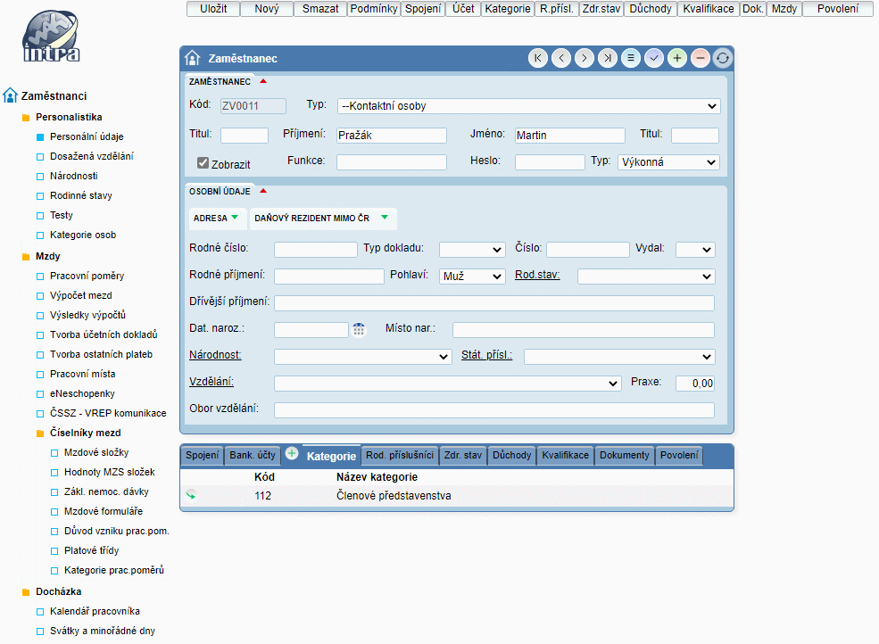 Personalistika - obrazovka WAK INTRA